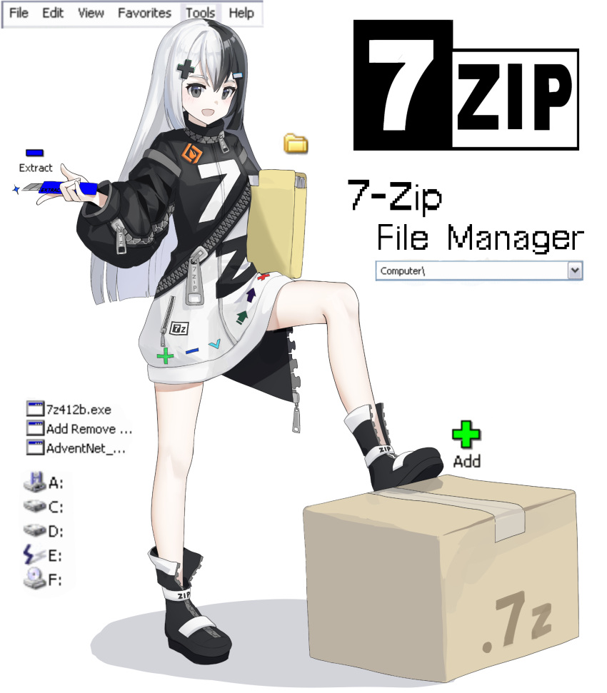 1girl 7-zip :d absurdres arrow_(symbol) black_eyes black_footwear black_hair black_sweater boots box boxcutter chinese_commentary commentary_request copyright_name english_text folder hair_ornament hairpin highres holding holding_boxcutter holding_folder logo long_hair long_sleeves looking_at_viewer minus_sign multicolored_clothes multicolored_hair multiple_hairpins open_mouth personification plus_sign smile solo sweater text_print user_interface white_hair white_sweater x_hair_ornament xiazi_(hypotenuseleg) zipper