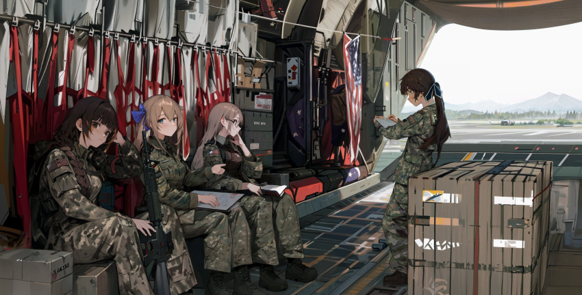 4girls airfield airplane_interior american_flag assault_rifle c-130_hercules camouflage cargo_pallet fal_(girls'_frontline) girls'_frontline gun highres holding holding_gun holding_weapon l85a1_(girls'_frontline) m14_(girls'_frontline) m16a1_(girls'_frontline) military_uniform mountainous_horizon multiple_girls rifle scene_reference sitting takemori_kohoto uniform weapon