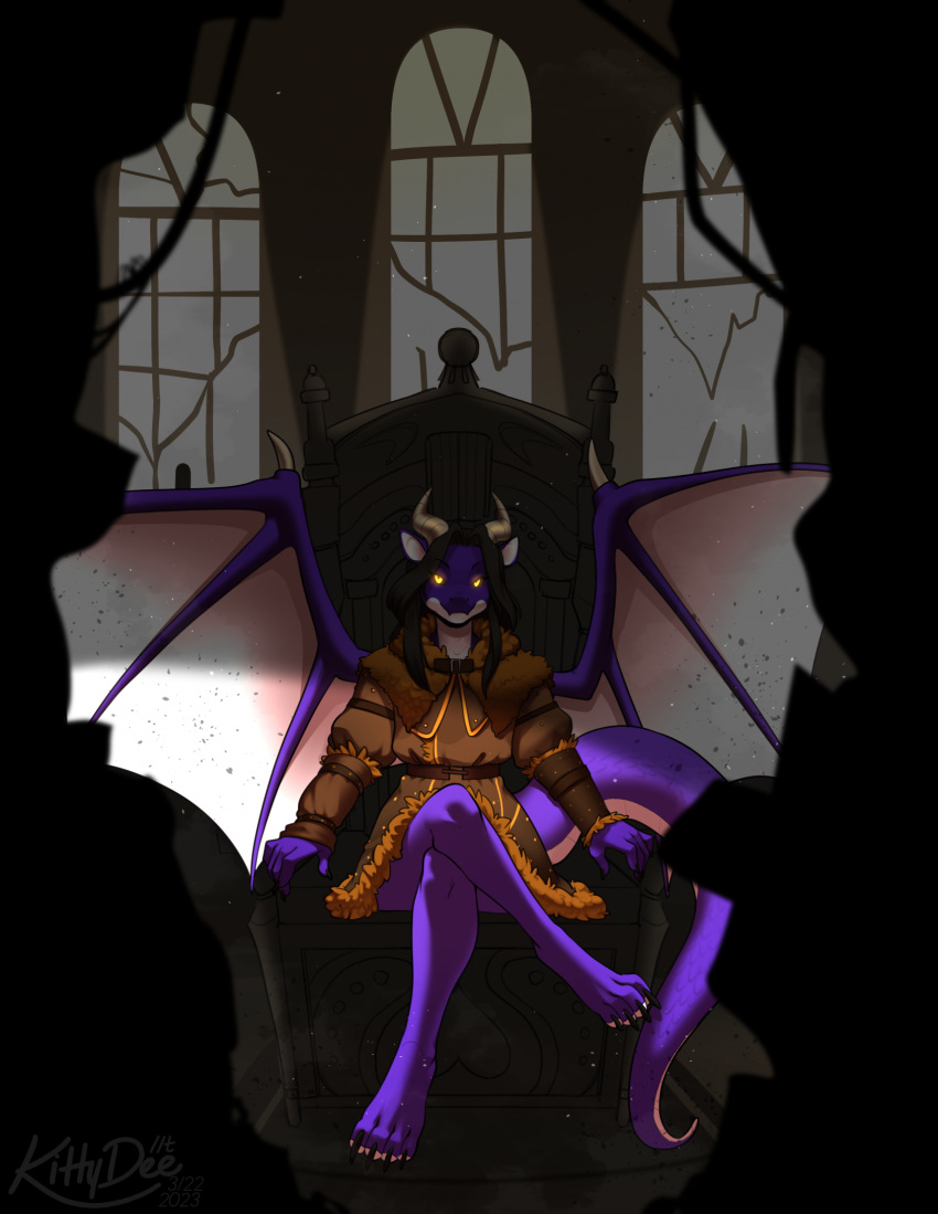 2023 amethyst_aur anthro black_hair black_sclera castle chair claws clothing coat dragon female fur_lined_clothing furniture glowing glowing_eyes hair hi_res horn kittydee light_armor membrane_(anatomy) membranous_wings multicolored_body purple_body purple_scales ruins scales shadow signature sitting sitting_on_throne solo tail thick_tail throne throne_room topwear two_tone_body wings yellow_eyes