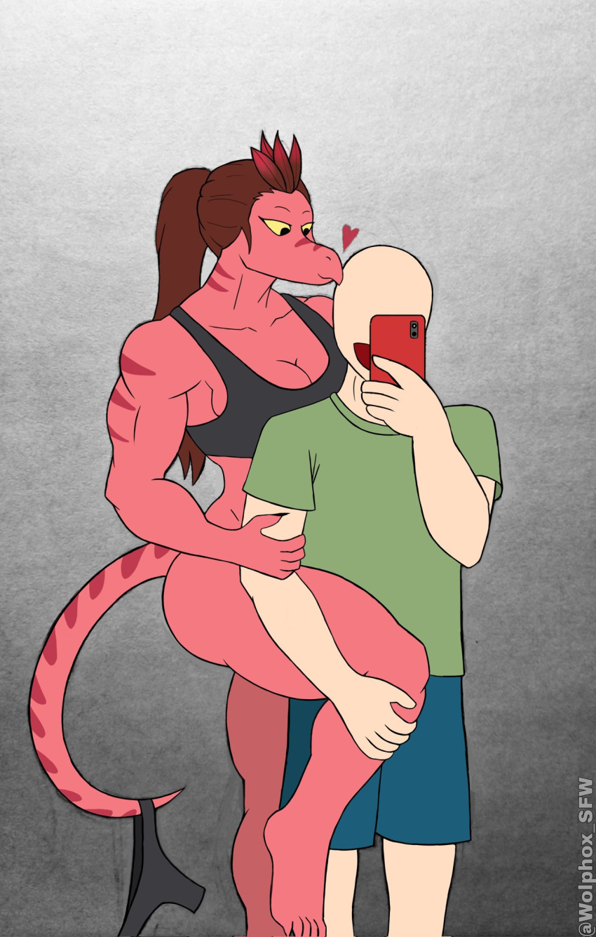 &lt;3 anon_(snoot_game) anthro arm_grab bald bottomless bottomless_anthro bottomless_female breasts cellphone cleavage clothed clothing colored dinosaur dromaeosaurid duo faceless_character faceless_human faceless_male feathered_crest feathers feet female female_anthro female_on_human hair head_crest hi_res holding_cellphone holding_object holding_phone holding_smartphone human human_on_anthro humanoid_feet i_wani_hug_that_gator interspecies larger_anthro larger_female leg_grab long_tail male male/female male_on_anthro mammal multicolored_body multicolored_scales muscular muscular_anthro muscular_female open_mouth open_smile panties panties_around_tail phone plantigrade ponytail red_body red_scales reptile scales scalie shirt simple_background size_difference slight_smile smaller_human smaller_male smartphone smile snoot_game snout tail tank_top theropod topwear two_tone_body two_tone_scales underwear underwear_around_tail velociraptor victoria_(iwhtg) wolphox yellow_sclera