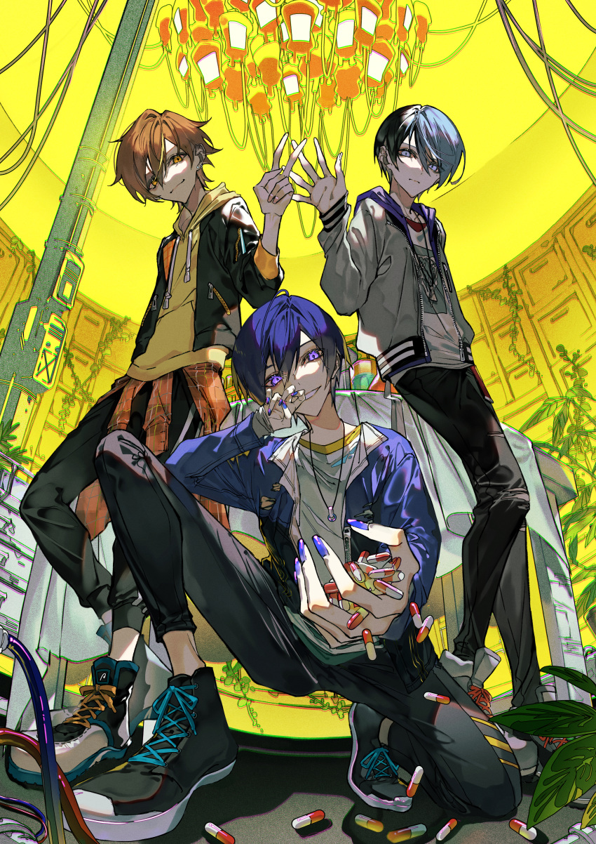 3boys :| absurdres ahoge aoyagi_touya black_footwear black_hair black_pants blue_eyes blue_hair blue_jacket cabinet chandelier closed_mouth clothes_around_waist crazy_smile drawstring expressionless foreshortening from_below grey_jacket grin hair_between_eyes hand_to_own_face head_tilt highres holding_pill hood hood_down hooded_jacket hoodie indoors jacket jacket_around_waist jewelry kaito_(vocaloid) knee_up long_sleeves looking_at_viewer male_focus multicolored_hair multiple_boys mura_karuki nail_polish open_clothes open_hand open_jacket open_mouth orange_eyes orange_hair orange_jacket pants pendant pill plant print_shirt project_sekai purple_eyes purple_hair purple_nails shinonome_akito shirt shoes short_hair sidelocks smile sneakers teeth two-tone_hair utility_pole v vivid_bad_squad_kaito vocaloid white_shirt yellow_hoodie