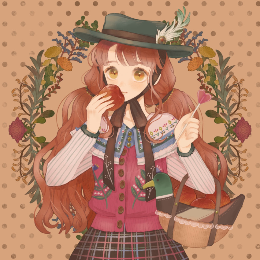 1girl animal_bag apple basket bird blush candy capelet cardigan chin_strap duck flower food fruit hat hat_feather heart heart_lollipop highres holding holding_basket holding_candy holding_food holding_fruit holding_lollipop lollipop long_hair long_sleeves looking_at_viewer low_twintails orange_hair original plaid plaid_skirt polka_dot polka_dot_background shaped_lollipop skirt sleeveless sleeveless_sweater smile solo striped_sleeves sweater twintails upper_body very_long_hair yellow_eyes yunoto_(conceit)