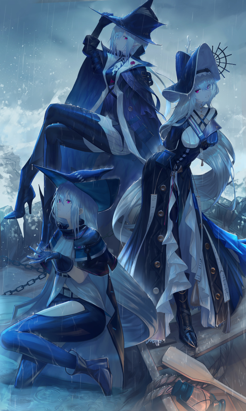 3girls absurdres arknights boat boots dress foaming_waves gloves grey_sky high_heel_boots high_heels highres lamp long_hair looking_at_viewer looking_up multiple_girls paddle pointy_ears rain red_eyes shigma sitting skadi_(arknights) sky standing storm tagme very_long_hair watercraft