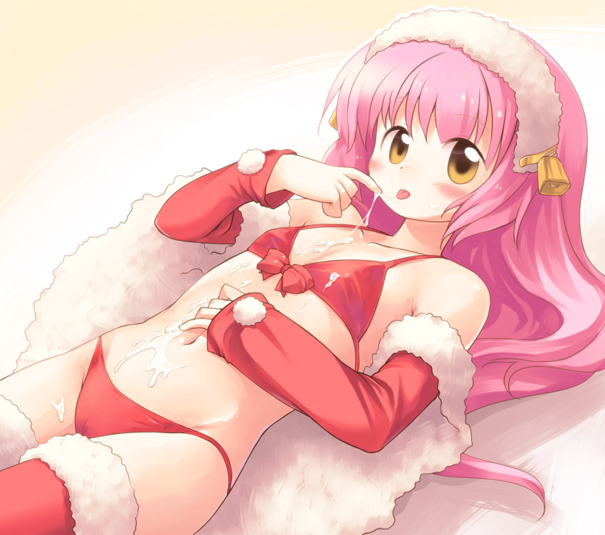 1girl bangs bell bikini blush bow breasts brown_eyes bukkake christmas commentary_request cowboy_shot cum cum_on_body cum_on_breasts cum_on_stomach cum_string detached_sleeves emurin facial fur-trimmed_thighhighs fur_hairband long_hair looking_at_viewer navel original pink_hair red_bikini red_bow red_sleeves red_thighhighs small_breasts solo swimsuit thighhighs tongue tongue_out