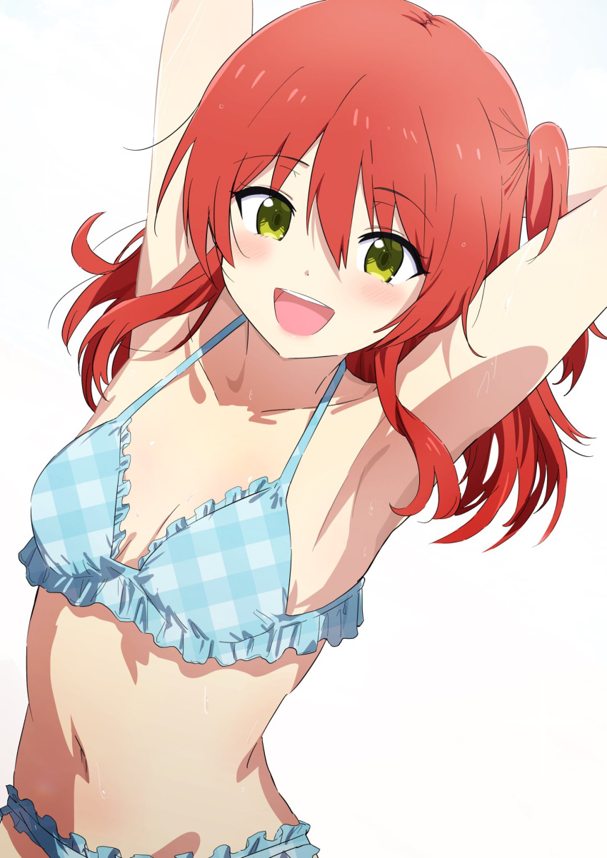 1girl armpits arms_up bare_shoulders bikini blue_bikini blush bocchi_the_rock! breasts cleavage collarbone frilled_bikini frills green_eyes hair_between_eyes highres kita_ikuyo long_hair looking_at_viewer misaki_nonaka navel one_side_up open_mouth plaid plaid_bikini red_hair simple_background small_breasts smile solo sweat swimsuit white_background