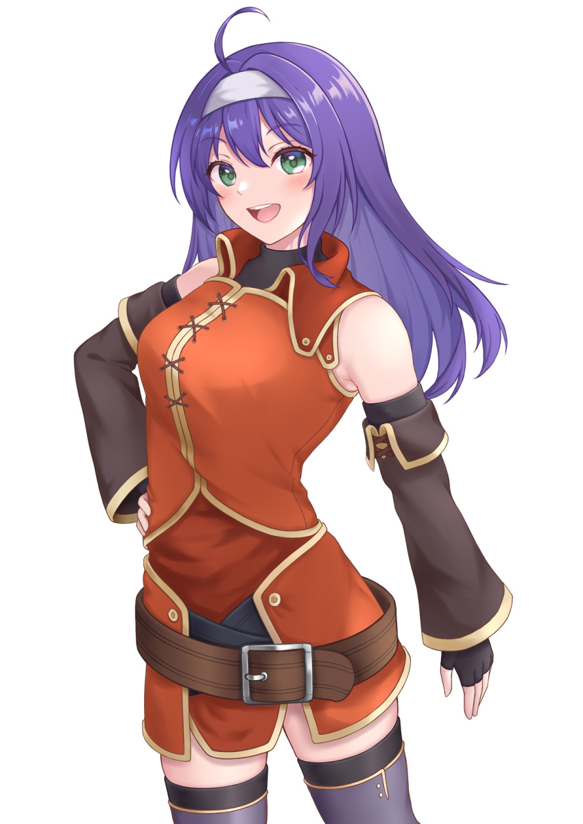 1girl :d ahoge bare_shoulders belt black_gloves blue_hair blush cowboy_shot detached_sleeves fingerless_gloves fire_emblem fire_emblem:_path_of_radiance fire_emblem:_radiant_dawn gloves green_eyes grey_thighhighs hairband hand_on_own_hip highres long_hair looking_at_viewer mia_(fire_emblem) open_mouth simple_background smile solo takaneko thighhighs white_background white_hairband