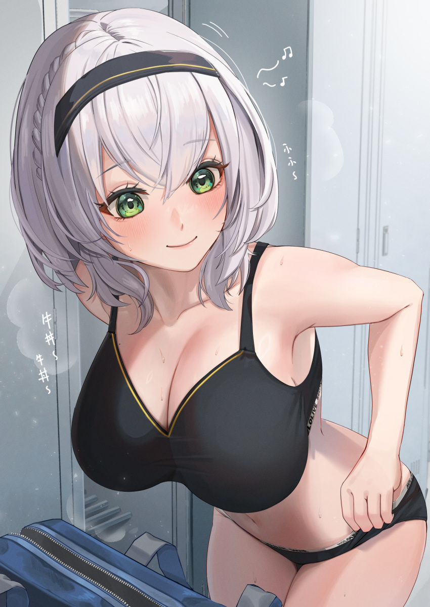 1girl alternate_costume arainekozz bag bare_arms black_hairband black_panties black_sports_bra blush braid breasts buttons cleavage closed_mouth collarbone commentary_request double-breasted green_eyes grey_hair hair_between_eyes hairband highres hololive large_breasts leaning_forward locker looking_at_object looking_down navel panties school_bag shirogane_noel short_hair smile solo sports_bra thighs translation_request underwear unzipped virtual_youtuber