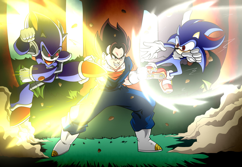 3boys animal_ears animal_nose battle black_hair black_sclera blocking blue_armor blue_fur blue_sash body_fur character_request colored_sclera copyright_request dougi dragon_ball dragon_ball_heroes dragon_ball_super dragon_ball_z earrings fighting flying_kick furry furry_male gloves hedgehog hedgehog_ears hedgehog_tail high_kick highres humanoid_robot jewelry kicking male_focus metallix_(smbz) metamoran_vest multicolored_fur multiple_boys muscular muscular_male nazo_unleashed pectorals pointy_nose potara_earrings red_eyes red_footwear red_fur robot sash shadic_the_hedgehog smile sonic_(series) spiked_hair super_mario_bros_z two-tone_fur vegetto white_gloves yennk999