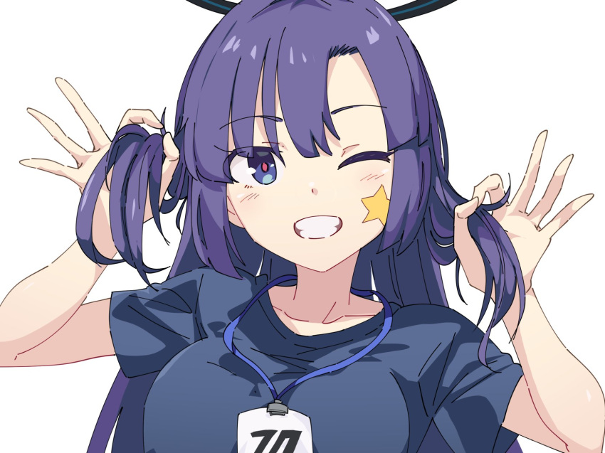 1girl blue_archive blue_eyes blue_shirt blush breasts bunching_hair commentary grin hair_between_eyes halo highres id_card lanyard long_hair looking_at_viewer medium_breasts momomatang one_eye_closed purple_hair shirt short_sleeves simple_background smile solo star_(symbol) star_sticker sticker sticker_on_face upper_body white_background yuuka_(blue_archive) yuuka_(gym_uniform)_(blue_archive)