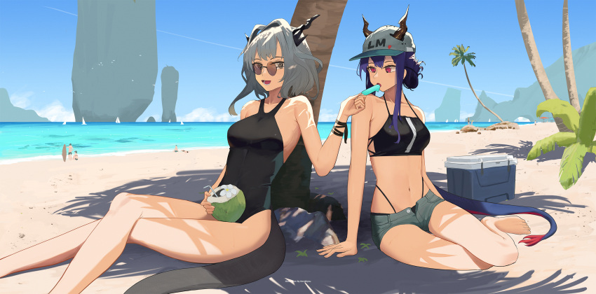 2girls :d arknights arm_behind_back arm_support bare_legs bare_shoulders beach bikini bikini_under_clothes bikini_under_shorts blue_hair breasts ch'en_(arknights) competition_swimsuit covered_navel crossed_legs day dragon_girl dragon_horns dragon_tail feeding food full_body hand_up highleg highleg_bikini highres horns long_hair medium_breasts midriff multiple_girls navel northkiyou ocean one-piece_swimsuit outdoors palm_tree pink_eyes popsicle red_eyes siblings sisters smile sunglasses swimsuit tail talulah_(arknights) tree white_hair