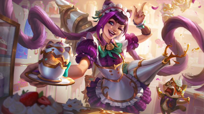 1girl :d absurdres animal apron cafe_cuties_jinx d: fangs highres holding holding_plate jinx_(league_of_legends) league_of_legends long_hair official_alternate_costume official_art open_mouth pink_lips plate smile solo standing tanuki teeth tongue waist_apron