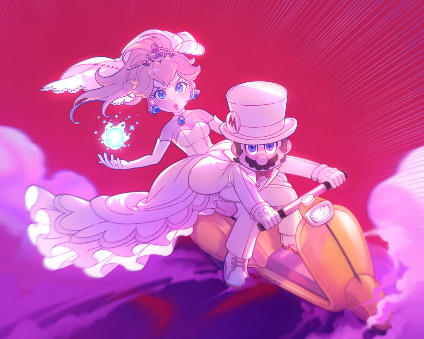 1boy 1girl blonde_hair blue_eyes blue_fire bow bowtie bridal_veil brown_hair dress earrings elbow_gloves facial_hair fire fireball gloves hat highres jacket jewelry long_hair looking_at_viewer mario mario_(series) mario_(tuxedo) mong_(mong_milo) motor_vehicle motorcycle mustache official_alternate_costume on_motorcycle pants ponytail princess_peach princess_peach_(wedding) red_bow red_bowtie short_hair smoke sphere_earrings top_hat veil wedding_dress white_dress white_gloves white_headwear white_jacket white_pants