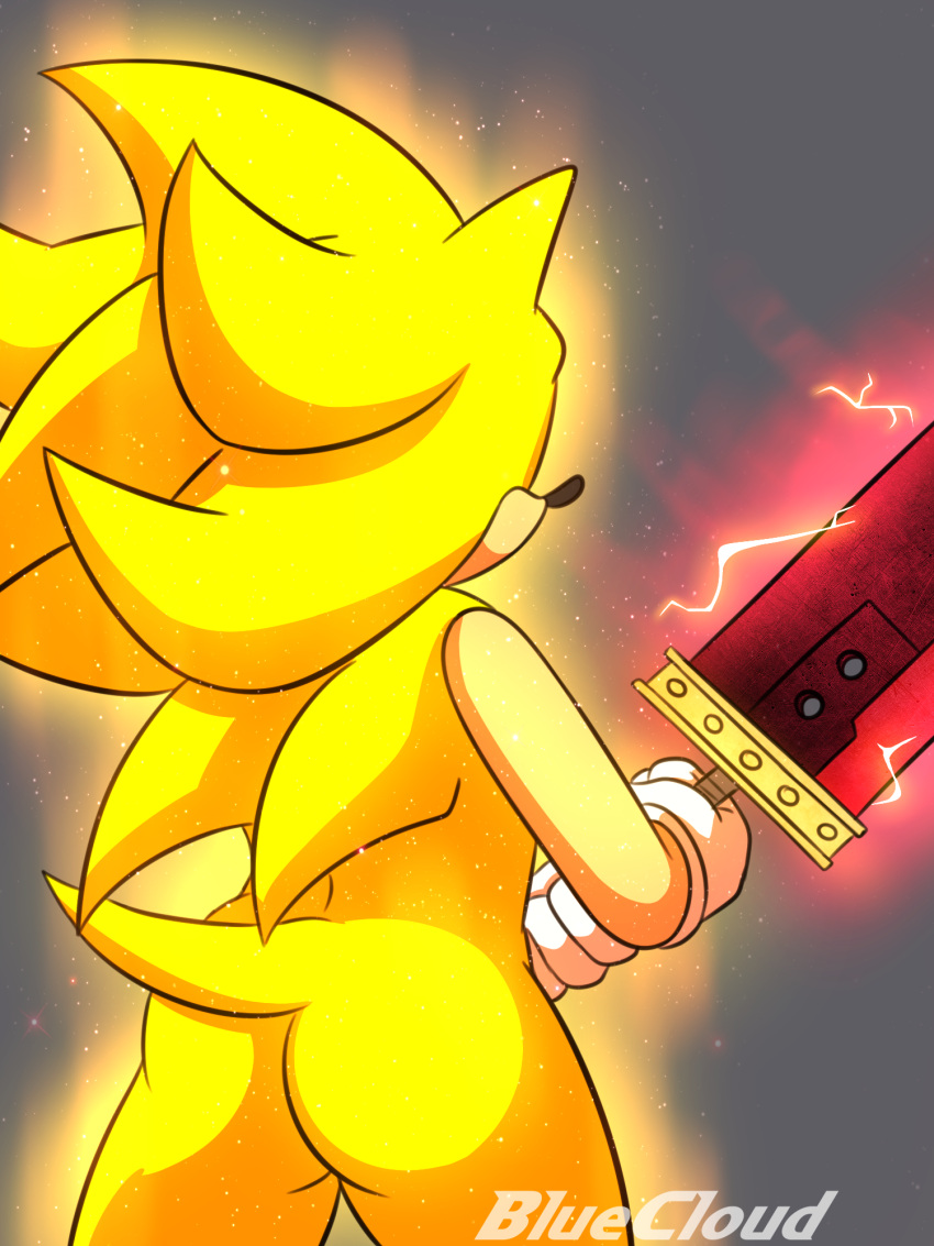 anthro big_butt bluecloud buster_sword butt clothing eulipotyphlan final_fantasy final_fantasy_vii fur gloves handwear hedgehog hi_res male mammal melee_weapon sega solo sonic_the_hedgehog sonic_the_hedgehog_(series) square_enix super_sonic sword thick_thighs weapon yellow_body yellow_fur