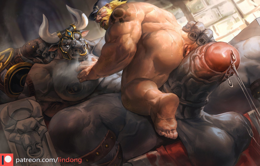 alternate_species anthro anthro_dominating_human anus arm_tattoo armor back_muscles balls big_balls big_dom_small_sub big_muscles big_pecs big_penis black_body black_fur blizzard_entertainment blonde_hair blush bodily_fluids bovid bovine breath butt clothing dominant dominant_anthro dominant_male dripping duo erection european_mythology facial_piercing fur genital_fluids genitals greek_mythology hair hand_behind_head hand_on_chest hat headgear headwear helmet hi_res holding_partner horn hot_dogging human human_on_anthro imminent_anal interspecies larger_anthro larger_male lindong male male/male mammal minotaur muscular muscular_anthro muscular_human muscular_male mythology nose_piercing nose_ring nude open_mouth overwatch pecs penis piercing precum precum_drip reinhardt_(overwatch) ring_piercing sex sitting sitting_on_another sitting_on_penis size_difference smaller_human smaller_male snort submissive submissive_human submissive_male sweat tattoo tongue tongue_out torbjorn_(overwatch)