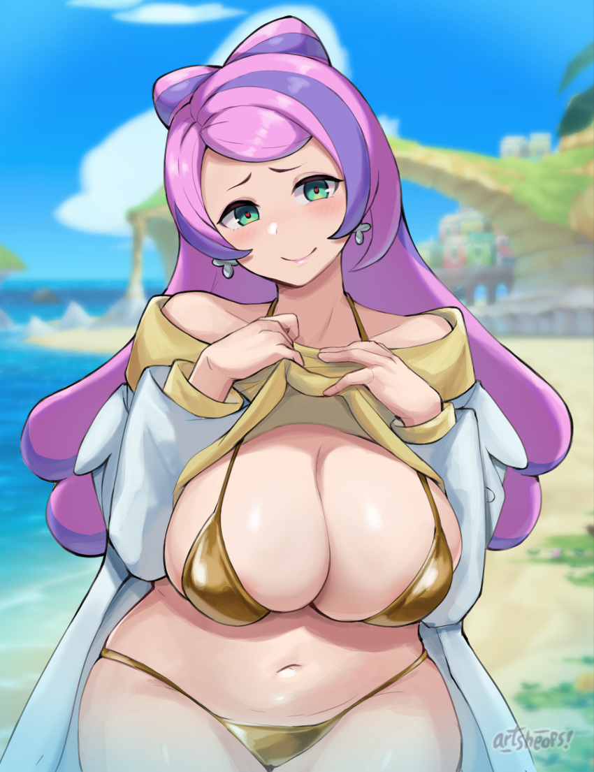 1girl absurdres artist_name artsheops beach bikini breasts clothes_lift curvy earrings gold_bikini green_eyes heart heart-shaped_pupils highres huge_breasts jewelry lab_coat long_hair micro_bikini miriam_(pokemon) multicolored_hair navel outdoors plump pokemon pokemon_(game) pokemon_masters_ex pokemon_sv purple_hair smile stomach streaked_hair sweater sweater_lift swimsuit symbol-shaped_pupils