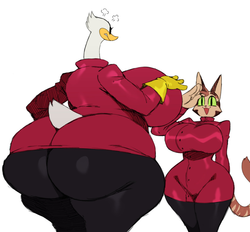 absurd_res anatid anseriform anserinae anthro avian beak big_breasts big_butt bird black_eyes breasts butt clothed clothing domestic_cat duo eyewear felid feline felis female fondue_(sssonic2) glasses green_sclera hi_res huge_breasts huge_butt huge_hips huge_thighs mammal non-mammal_breasts sssonic2 swan tan_body thick_thighs wide_hips