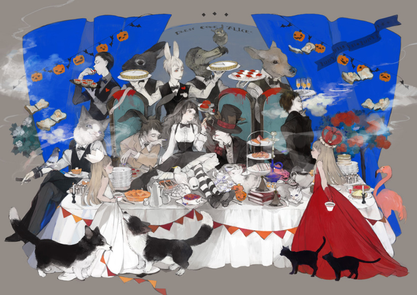 3girls 6+boys alice_in_wonderland animal animal_ears animal_head banner bird black_bow black_bowtie black_cat black_dress black_footwear black_hair black_headwear black_jacket black_pantyhose black_vest blonde_hair blunt_bangs book book_stack bow bowtie brown_hair brown_jacket cake candle cat cigar collared_shirt commentary crossed_legs crown cup curtains deer dodo_(bird) dog dress eating flamingo floating floating_object flower food gloves grey_background grey_shirt halloween hand_to_own_mouth hat head_rest heart holding holding_cigar holding_cup holding_tray hookah jack-o'-lantern jacket long_dress long_hair long_sleeves looking_at_another multiple_boys multiple_girls nekosuke_(oxo) on_chair on_table original pancake pantyhose pie pigeon plate plate_stack pocket_watch rabbit rabbit_boy rabbit_ears red_dress red_flower red_gloves red_rose rose shirt shoes short_hair sitting sleeveless sleeveless_dress smoke smoking standing striped striped_pantyhose table tablecloth teacup teapot tiered_tray toast top_hat traditional_bowtie tray vest watch white_cat white_dress white_flower white_hair white_rose white_shirt wide_shot
