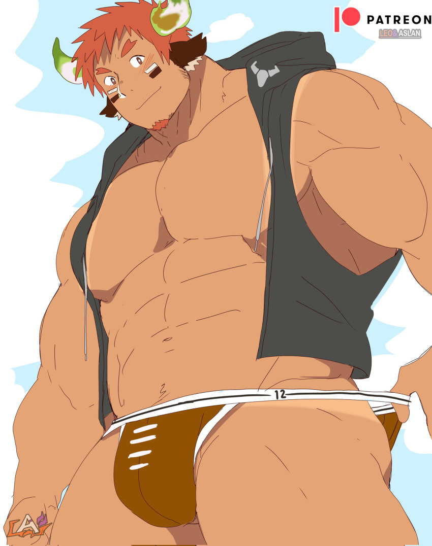 1boy abs animal_ears bara blush brown_eyes brown_hair brown_male_swimwear bulge cow_boy cow_ears cow_horns dark-skinned_male dark_skin eye_black facial_hair feet_out_of_frame fiery_horns forked_eyebrows from_below glowing_horns goatee head_tilt highres hood hooded_jacket horns huge_pectorals jacket large_pectorals leoandaslan_(leobongnana) looking_at_viewer male_focus male_swimwear male_swimwear_pull mature_male muscular muscular_male navel navel_hair nipples open_clothes open_jacket paid_reward_available pectorals presenting_tanlines pulled_by_self rugby_ball_print short_hair sideburns sleeveless sleeveless_jacket smile solo sparse_navel_hair spiked_hair stomach strongman_waist tanline_peek thick_eyebrows thick_thighs thighs tokyo_afterschool_summoners topless_male unfinished wakan_tanka