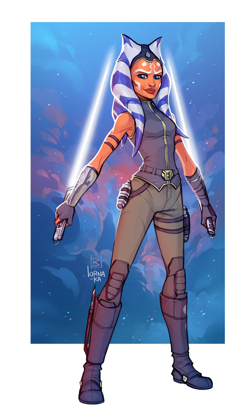 1girl ahsoka_tano alien artist_name belt blue_eyes boots brown_pants cloud dual_wielding energy_sword full_body highres holding holding_lightsaber knee_pads lightsaber looking_at_viewer lorna-ka pants reverse_grip sleeveless standing star_wars sword vambraces watermark weapon white_lightsaber