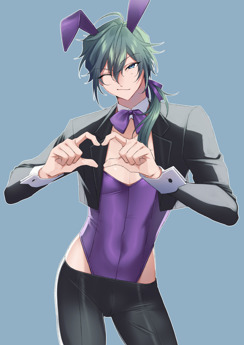 1boy ;) absurdres ahoge animal_ears backlighting black_jacket black_pants blue_background blue_eyes bow bowtie bulge commentary_request contrapposto cowboy_shot cropped_jacket crotch_seam detached_collar double-parted_bangs ensemble_stars! fake_animal_ears green_hair hair_between_eyes hair_over_shoulder half-closed_eye hands_up heart heart_hands highleg highleg_leotard highres jacket leotard leotard_under_clothes long_hair long_sleeves looking_at_viewer male_focus male_playboy_bunny omiyacha one_eye_closed pants pectoral_cleavage pectorals ponytail purple_bow purple_bowtie purple_leotard rabbit_ears shiina_niki shiny_clothes simple_background sleeve_cuffs smile smirk solo standing strapless strapless_leotard taut_clothes taut_pants