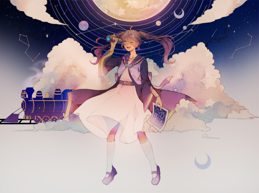 1girl ahoge back_bow belt belt_buckle blue_bow blue_bowtie blue_eyes blue_robe blue_sailor_collar blue_sky bow bowtie bracelet brown_belt brown_hair buckle chin cloud collared_robe commentary commission constellation crescent dress earrings english_commentary freckles full_body full_moon gold_trim gradient_sky hair_ornament hairclip holding holding_paper holding_telescope hoop_earrings hoshi-pan jewelry kneehighs long_hair long_sleeves looking_ahead map medium_dress moon night night_sky one_eye_closed open_clothes open_mouth open_vest original paper planet purple_bow purple_footwear purple_vest railroad_tracks robe sailor_collar sky smile smoke socks solo star_(sky) star_(symbol) teeth train twintails upper_teeth_only vest white_dress white_socks wide_sleeves