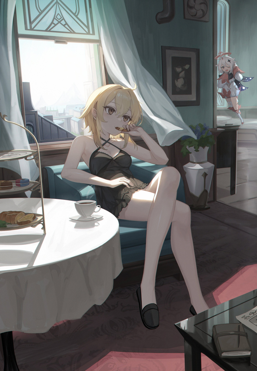 2girls absurdres black_dress black_footwear blonde_hair breasts brown_eyes chair cleavage criss-cross_halter crossed_legs cup curtains dress eating eruthika food genshin_impact hair_between_eyes hair_ornament halo halterneck highres holding holding_food indoors lumine_(genshin_impact) medium_breasts multiple_girls one_eye_closed paimon_(genshin_impact) plant potted_plant saucer scarf short_dress single_thighhigh sitting table thighhighs white_dress white_footwear white_thighhighs window
