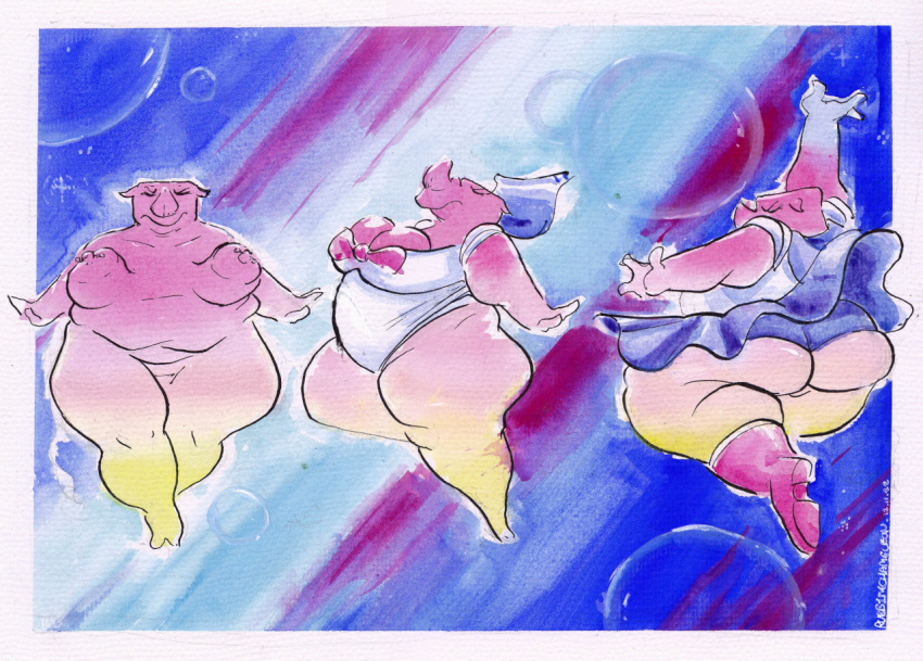 abstract_background anthro areola big_areola big_butt blue_bottomwear blue_clothing blue_skirt bottomwear breasts bubble_butt butt camel_toe chubby_female cleavage cleavage_overflow clothed clothing eunice_(rubbish_chameleon) female mammal nude rhinoceros rubbish_chameleon sailor_moon_(series) sailor_uniform skirt solo thick_thighs traditional_media_(artwork) transformation wide_hips