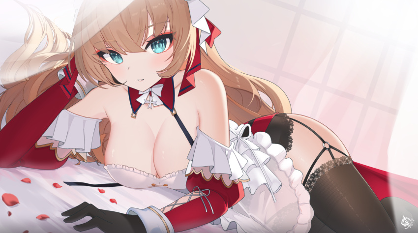 1girl apron azur_lane black_garter_straps blonde_hair breasts brown_thighhighs cleavage cross crossed_bangs elbow_rest frilled_apron frills garter_straps hand_on_own_face head_rest highres howe_(azur_lane) howe_(pastry_princess)_(azur_lane) kei_myoho lace-trimmed_legwear lace-trimmed_thighhighs lace_trim long_hair looking_at_viewer lying maid maid_headdress o-ring_legwear_garter official_alternate_costume petals red_sleeves solo thighhighs white_apron