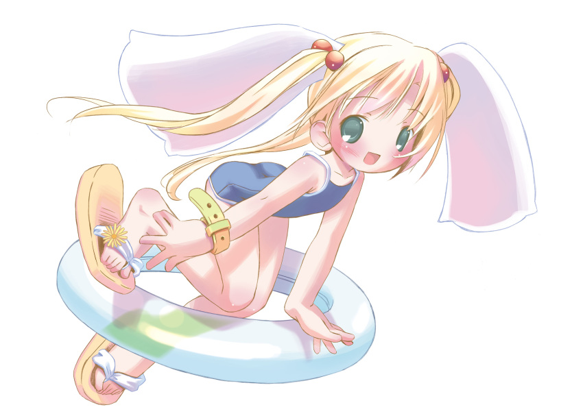 1girl absurdres blonde_hair blush bracelet flat_chest flip-flops flower green_eyes hair_ornament hair_tie highres innertube jewelry looking_at_viewer one-piece_swimsuit original pop_(electromagneticwave) sandals swimsuit white_headwear