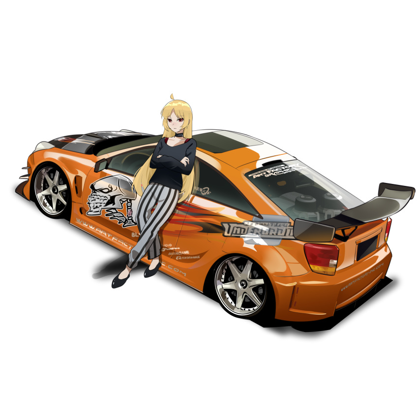 1girl absurdres black_choker black_footwear blonde_hair bocchi_the_rock! bra_strap brown_eyes car choker collarbone commentary cowlick crossed_arms grey_pants highres holeecrab ijichi_seika long_hair looking_at_viewer motor_vehicle need_for_speed need_for_speed:_underground_2 orange_car pants parted_bangs shadow shoes sleeves_past_wrists solo spoiler_(automobile) sports_car striped striped_pants toyota toyota_celica toyota_celica_t230 vehicle_focus very_long_hair white_background