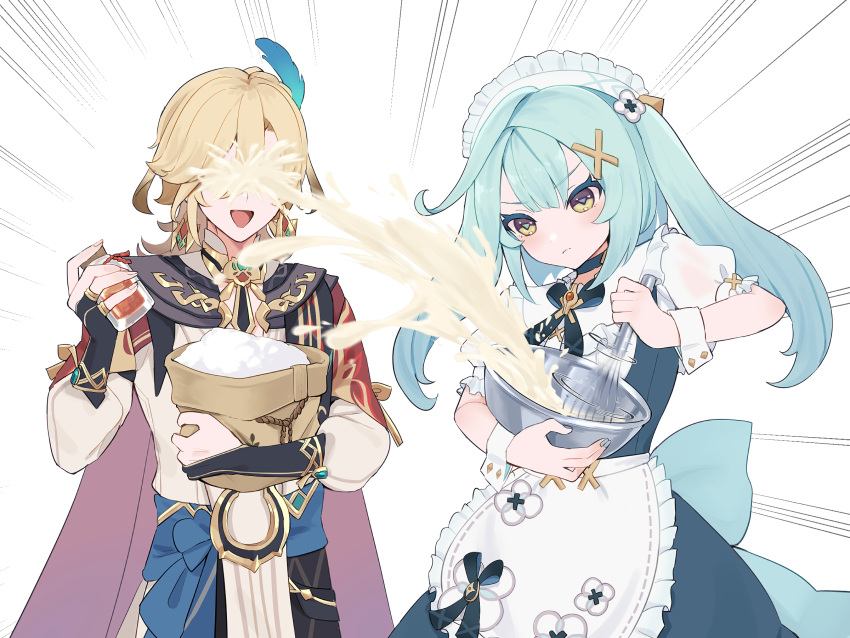 1boy 1girl alternate_costume apron aqua_eyes aqua_hair blonde_hair blue_choker choker closed_mouth commentary_request enmaided faruzan_(cafe)_(genshin_impact) faruzan_(genshin_impact) feather_hair_ornament feathers flour genshin_impact hair_ornament highres jam kaveh_(genshin_impact) maid maid_apron maid_headdress official_alternate_costume open_mouth puffy_short_sleeves puffy_sleeves short_hair short_sleeves smile triangle-shaped_pupils twintails ura_(hamburg_oniku) white_wrist_cuffs wrist_cuffs x_hair_ornament