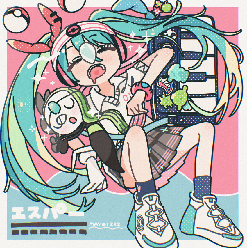 1girl air_bubble artist_name bag bag_charm beanie blue_bag blue_socks blush border bracelet bubble charm_(object) closed_eyes collared_shirt facing_viewer full_body gloves green_hair grey_skirt hair_between_eyes hair_ribbon hat hatsune_miku headphones highres jewelry knees_up long_hair lying mayoi_zzz meloetta meloetta_(aria) multicolored_hair on_back open_mouth piano_print plaid plaid_skirt pleated_skirt poke_ball poke_ball_(basic) pokemon pokemon_(creature) polo_shirt project_voltage psychic_miku_(project_voltage) red_ribbon ribbon shirt shoes short_sleeves shoulder_bag single_glove skirt sleeping sneakers socks solo sparkle twintails very_long_hair vocaloid white_border white_footwear white_gloves white_headwear white_shirt