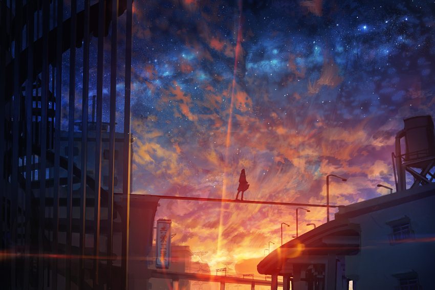 1girl balcony bridge building city cityscape cloud commentary dusk galaxy kenzo_093 lamppost original outdoors pleated_skirt power_lines railroad_tracks scenery sign skirt sky solo stairs standing star_(sky) starry_sky sunset transmission_tower window