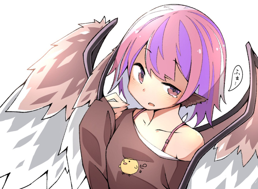1girl animal_ears bird_ears bird_wings blush bra_strap brown_eyes brown_shirt clothes_writing collarbone jagabutter mystia_lorelei off-shoulder_shirt off_shoulder open_mouth pink_hair shirt short_hair simple_background sleeves_past_wrists solo speech_bubble tears touhou upper_body white_background white_wings wings