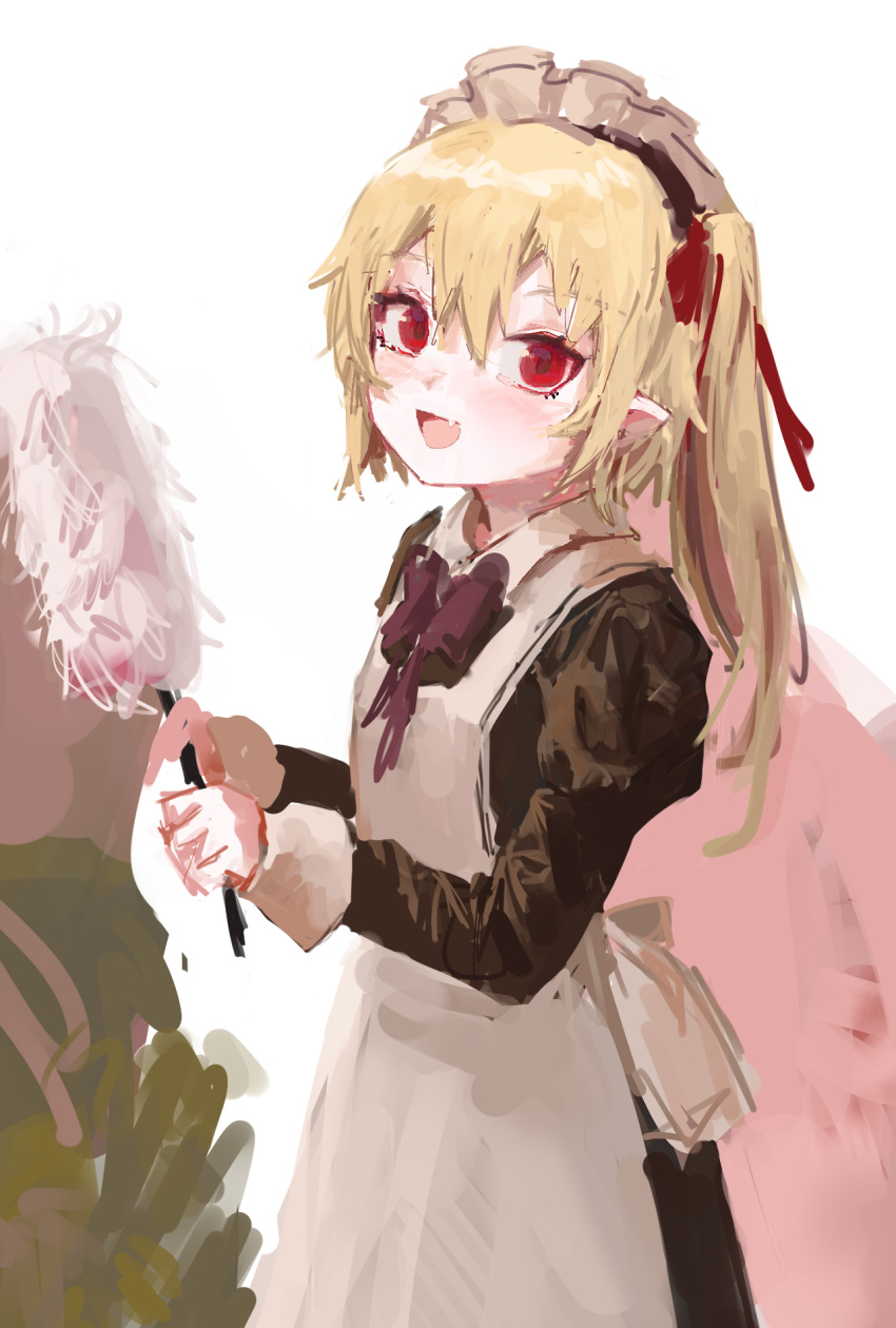 1girl :d alternate_costume apron blonde_hair cowboy_shot duster enmaided fang flandre_scarlet hair_between_eyes happy highres holding holding_duster juliet_sleeves long_sleeves looking_at_viewer maid no_wings one_side_up open_mouth pointy_ears puffy_sleeves red_eyes reddizen short_hair_with_long_locks simple_background skin_fang smile solo touhou white_apron white_background