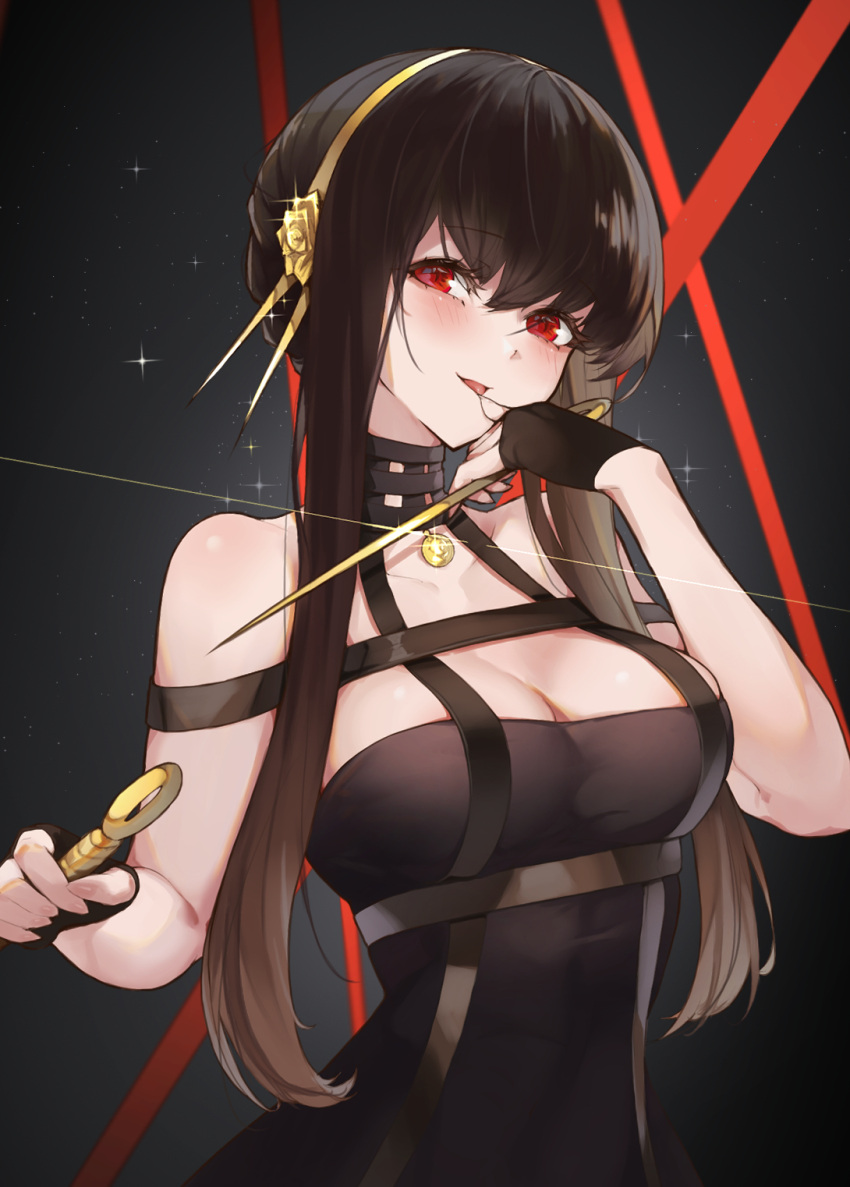 1girl bare_shoulders black_dress black_gloves black_hair blush breasts cleavage dagger dress dual_wielding fingerless_gloves gloves gold_hairband hair_ornament hairband highres holding knife large_breasts long_hair looking_at_viewer parted_lips red_eyes sidelocks smile solo sparkle spy_x_family tongue tongue_out ura_illust variant_set weapon yor_briar