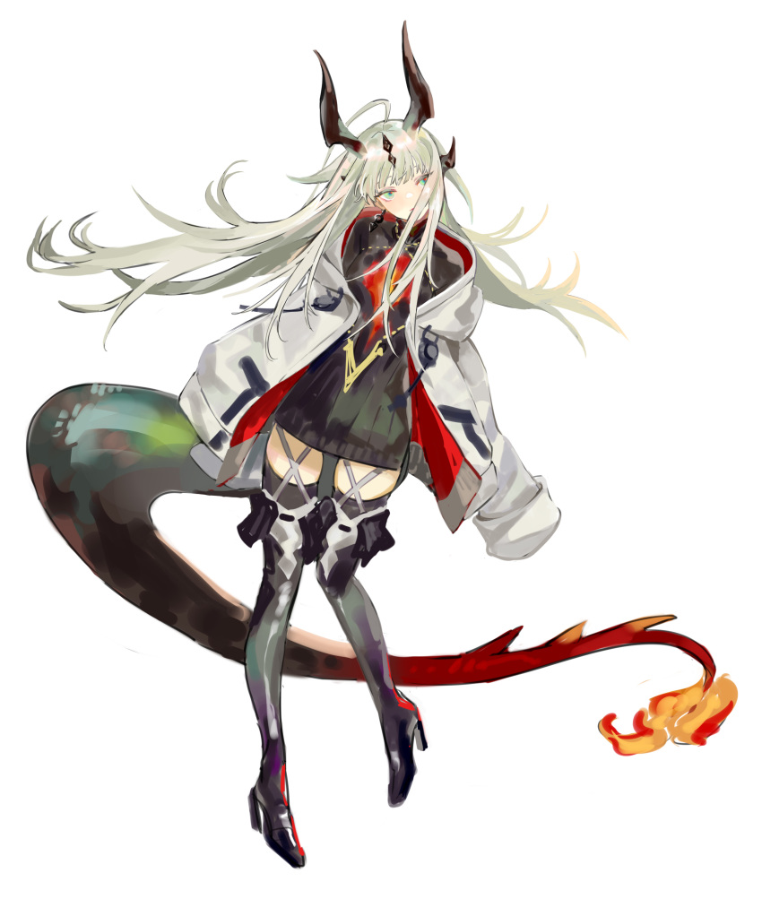 1girl absurdres antenna_hair arknights black_footwear black_sweater black_thighhighs blonde_hair breasts closed_mouth coat commentary dragon_girl dragon_horns dragon_tail expressionless flame-tipped_tail floating_hair full_body garter_straps green_eyes hair_over_mouth high_heels highres horns jewelry light_in_heart long_hair looking_to_the_side medium_breasts multiple_horns necklace open_clothes open_coat px2011 reed_(arknights) ribbed_sweater simple_background sleeves_past_fingers sleeves_past_wrists solo standing sweater tail thighhighs white_background white_coat zettai_ryouiki