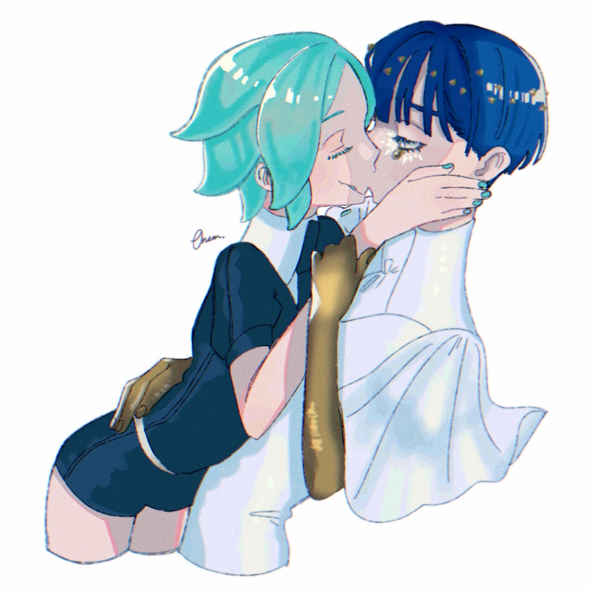 2others androgynous aqua_hair aqua_nails belt blue_hair blunt_bangs bowl_cut closed_eyes collared_shirt colored_eyelashes crack cracked_skin cropped_legs crying crying_with_eyes_open crystal_hair dual_persona gem gem_uniform_(houseki_no_kuni) glowing glowing_eye gold golden_arms hand_on_another's_waist high_collar highres houseki_no_kuni kiss leaning leaning_back leaning_forward liquid molten_metal moon_uniform_(houseki_no_kuni) multiple_others nail_polish necktie onem. other_focus parted_bangs phosphophyllite phosphophyllite_(ll) puffy_short_sleeves puffy_sleeves selfcest shirt short_hair short_jumpsuit short_shorts short_sleeves shorts simple_background straight_hair teardrop tears time_paradox white_background white_belt white_eyes white_shirt wide_sleeves wing_collar