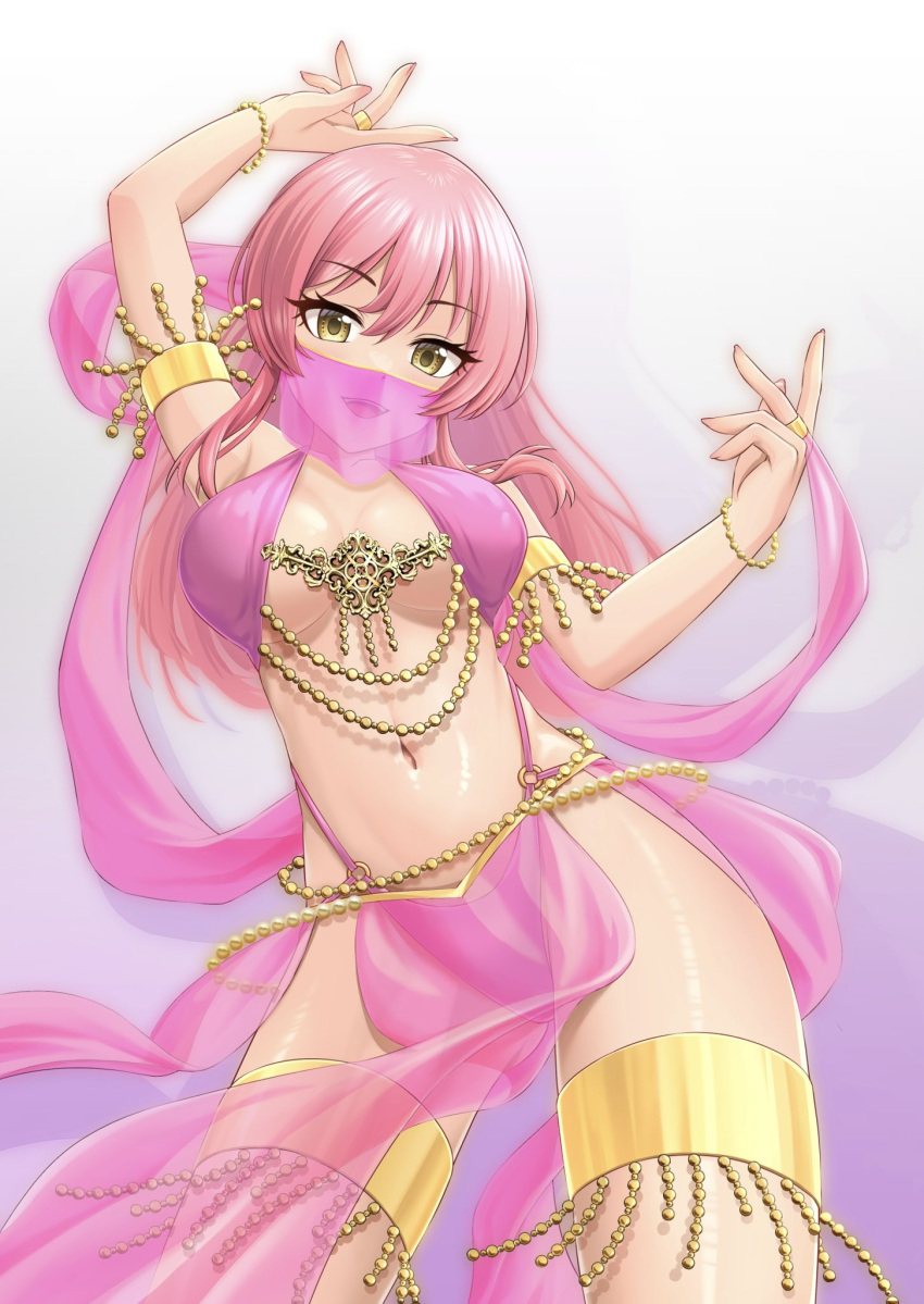 1girl arm_up armlet bracelet breasts brown_eyes chain cowboy_shot gold gold_chain grey_background hair_between_eyes hand_up harem_outfit highres idolmaster jewelry jougasaki_mika large_breasts long_hair mouth_veil navel pink_hair rikai_tte_nainari_(nokinari) ring shiny_skin simple_background solo thighlet veil