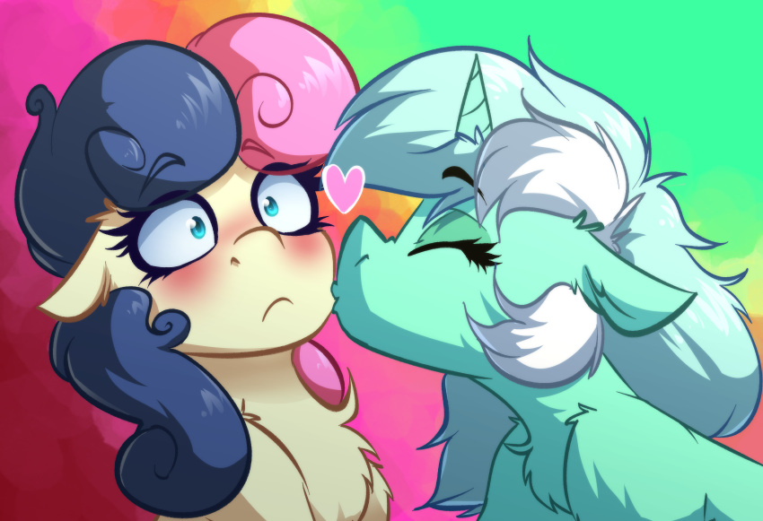 &lt;3 absurd_res blue_eyes blue_hair blush bonbon_(mlp) earth_pony equid equine eyes_closed female female/female friendship_is_magic fur green_body green_fur green_hair hair hasbro hi_res horn horse kissing kissing_cheek lyra_heartstrings_(mlp) mammal multicolored_hair my_little_pony pink_hair pony two_tone_hair unicorn witchtaunter