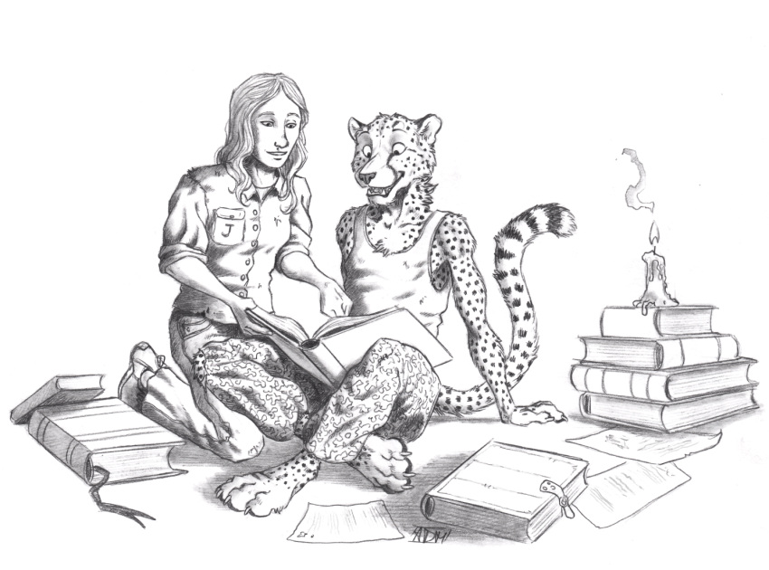 0laffson anthro biped book candle cheetah clothed clothing duo eyebrows felid feline fur hair human male mammal monochrome open_mouth open_smile smile spots spotted_body spotted_fur tail