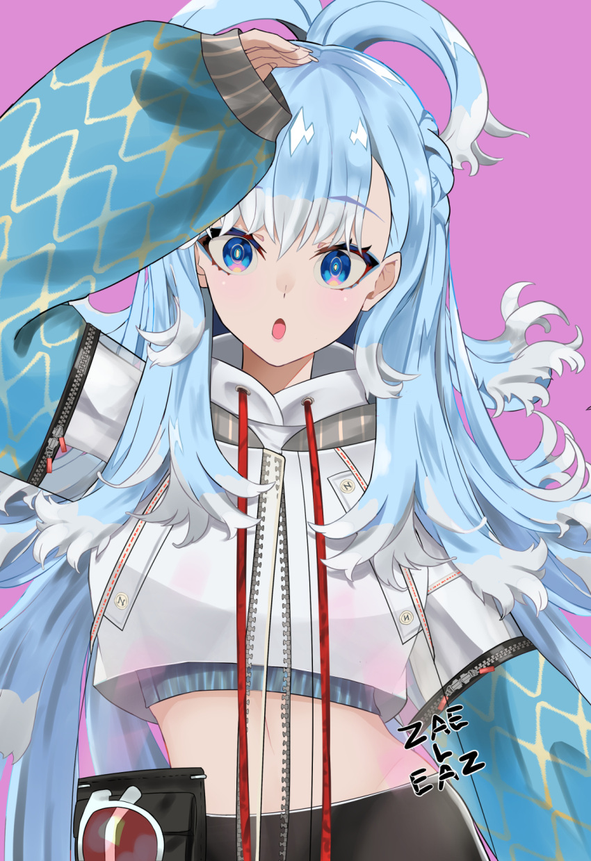 1girl :o blue_eyeliner blue_eyes blue_hair commentary cropped_jacket full-length_zipper grey_hair highres hololive hololive_indonesia jaheterbang kobo_kanaeru long_hair midriff multicolored_hair open_mouth pink_background signature sleeves_past_wrists solo streaked_hair two-tone_hair upper_body very_long_hair virtual_youtuber zipper