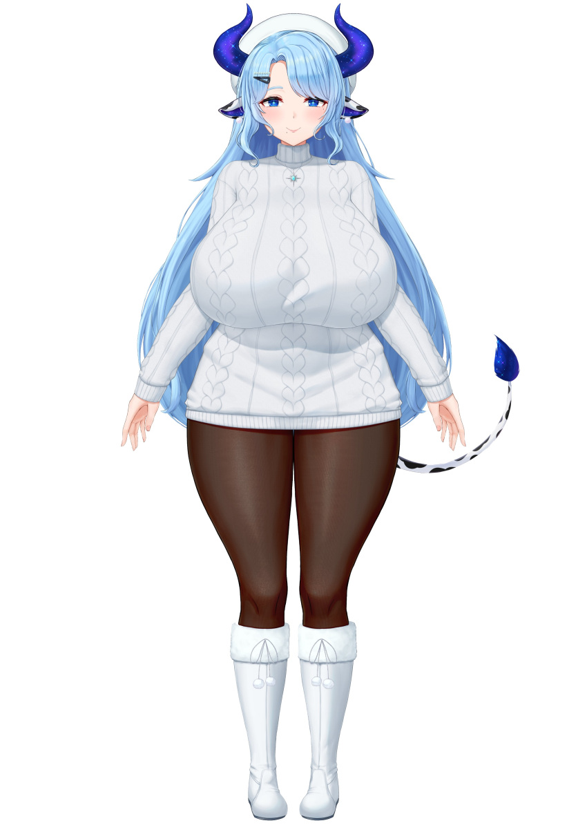 +_+ 1girl absurdres animal_ears animal_print arms_at_sides blue_eyes blue_hair blue_horns boots breasts closed_mouth cow_ears cow_tail cream_cod full_body hair_ornament hairclip hat highres horns huge_breasts indie_virtual_youtuber jewelry long_hair long_sleeves miilkywayz mole mole_under_eye mole_under_mouth necklace open_hands pom_pom_(clothes) second-party_source sidelocks simple_background sleeves_past_wrists solo standing straight-on sweater tail thick_thighs thighs turtleneck turtleneck_sweater virtual_youtuber white_background white_footwear white_headwear white_sweater