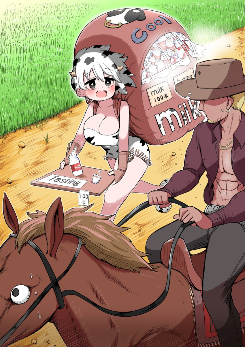 1boy 1girl abs animal_print backpack bag belt black_hair blonde_hair blush bottle breasts brown_gloves brown_pants brown_shirt chain cleavage commentary_request cow_girl cow_horns cow_print cowboy cowboy_hat cup dress english_text fingerless_gloves fringe_trim gloves gold_chain grass hat highres holding horns horse horseback_riding large_breasts long_sleeves looking_at_another looking_to_the_side milk milk_bottle multicolored_hair open_clothes open_mouth open_shirt original outdoors pants riding running shirt short_hair sign strapless strapless_dress white_dress white_hair zurikishi