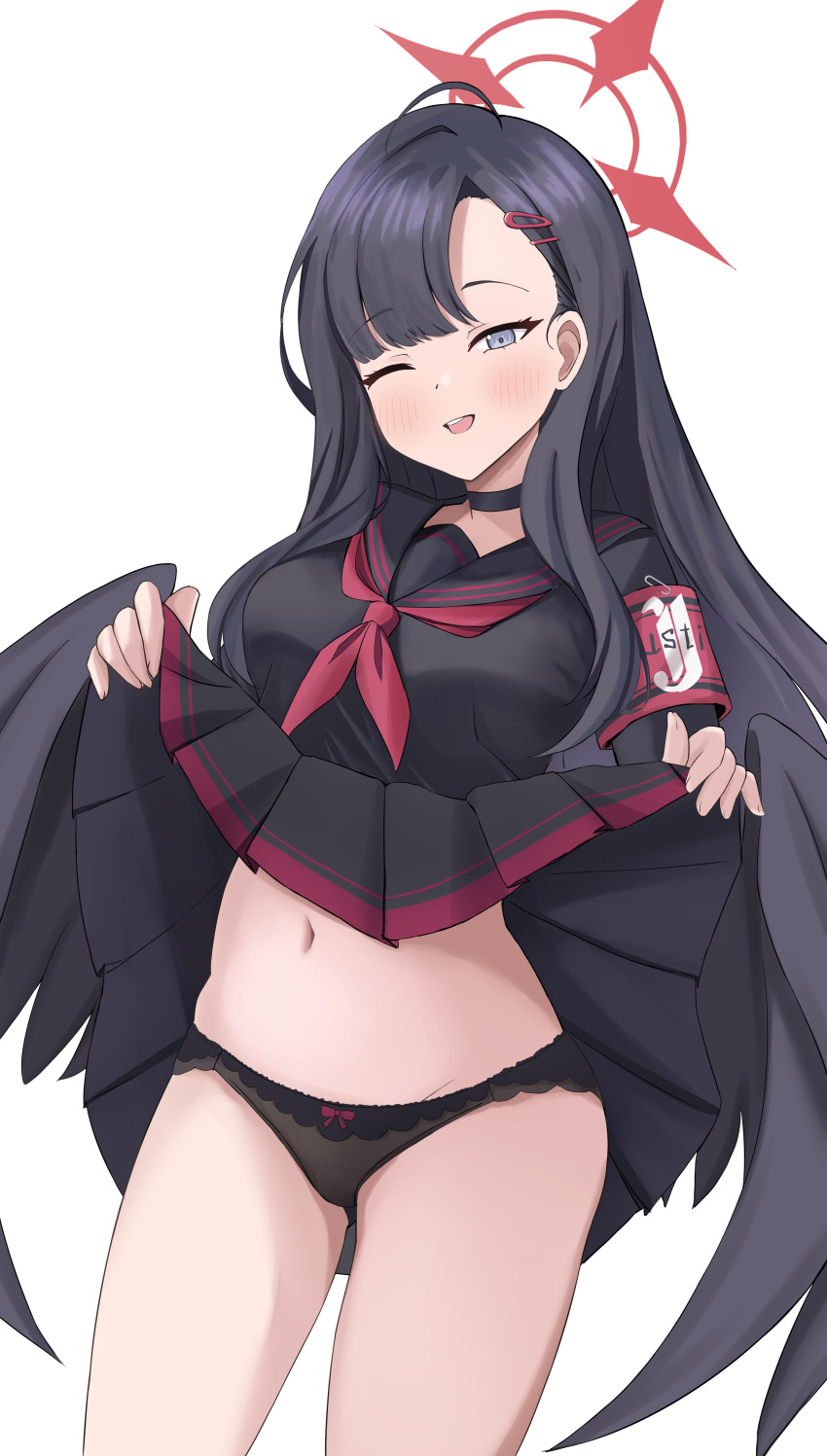 1girl ;d absurdres armband asymmetrical_bangs bamiyanpixel black_choker black_hair black_panties black_serafuku black_wings blue_archive blunt_bangs blush choker clothes_lift commentary feathered_wings halo highres ichika_(blue_archive) lifted_by_self long_hair long_sleeves looking_at_viewer navel neckerchief one_eye_closed panties pleated_skirt red_armband red_halo red_neckerchief school_uniform serafuku simple_background skirt skirt_lift smile solo stomach underwear very_long_hair white_background wings