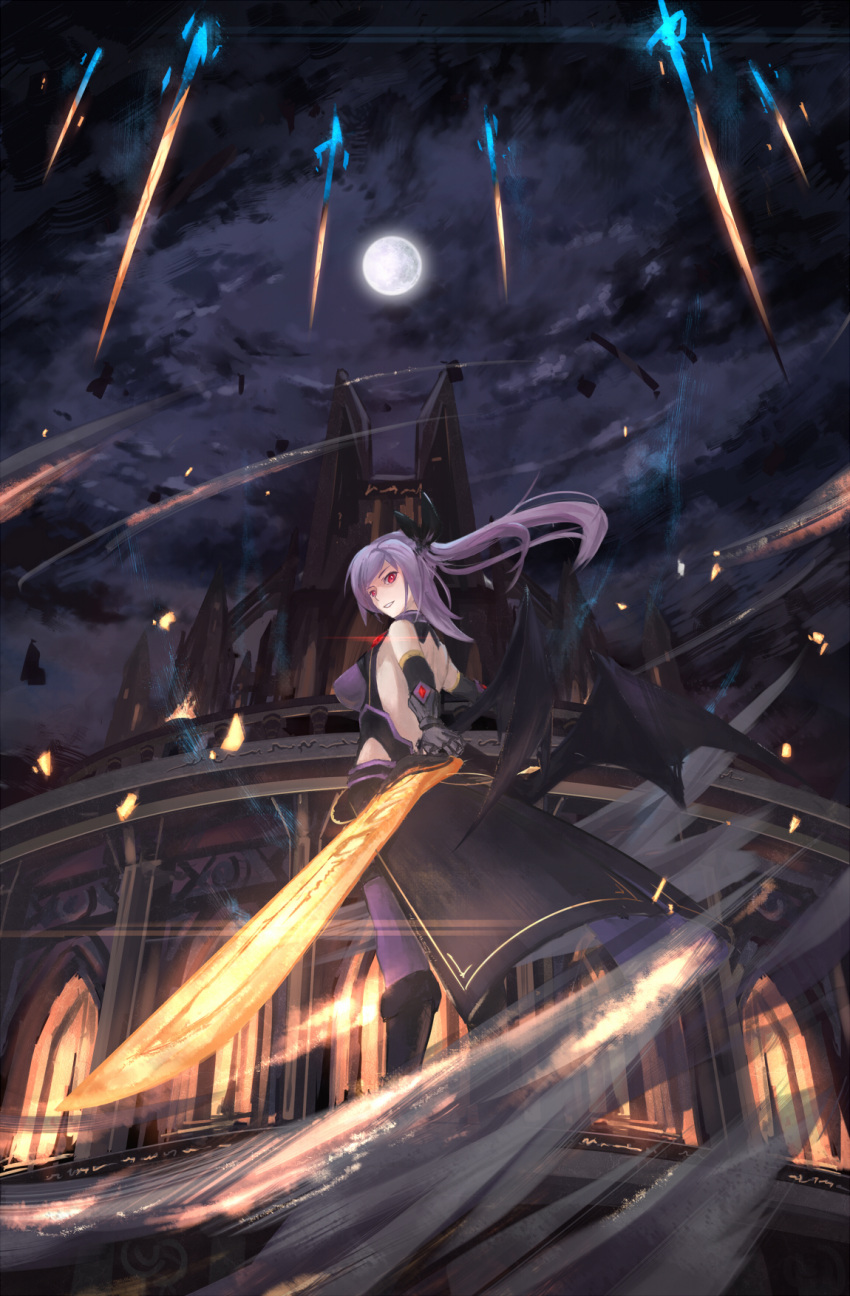 1girl black_gloves breasts c.z. gloves highres long_hair moon night night_sky original pixiv_fantasia pixiv_fantasia_fallen_kings purple_hair red_eyes sky solo star_(sky) weapon