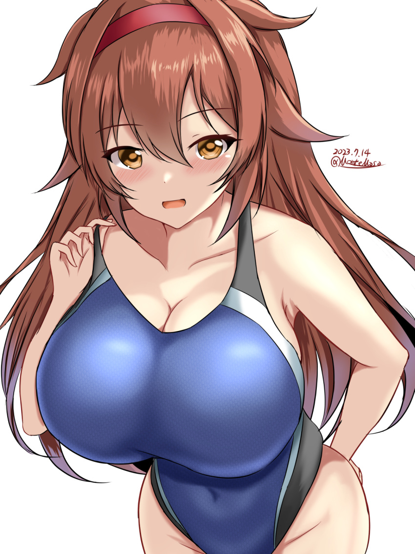 1girl black_one-piece_swimsuit blue_one-piece_swimsuit blush breasts brown_eyes brown_hair competition_swimsuit covered_navel cowboy_shot dated hair_between_eyes hair_flaps hair_ornament hairband highleg highleg_swimsuit highres impossible_clothes impossible_swimsuit kantai_collection large_breasts long_hair looking_at_viewer montemasa multicolored_clothes multicolored_swimsuit one-hour_drawing_challenge one-piece_swimsuit open_mouth red_hairband shiratsuyu_(kancolle) shiratsuyu_kai_ni_(kancolle) simple_background smile solo swimsuit twitter_username two-tone_swimsuit white_background