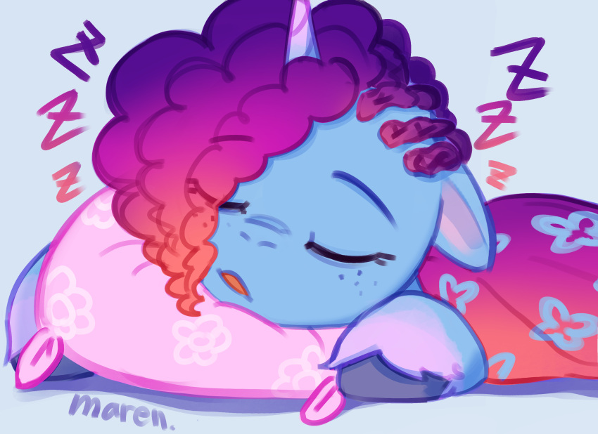 bedding blanket curled_hair equid equine eyebrow_through_hair eyebrows freckles hair hasbro hi_res hooves horn leg_markings mammal marenlicious markings misty_(g5) mlp_g5 my_little_pony pillow sleeping socks_(marking) sound_effects translucent translucent_hair unicorn vowelless vowelless_sound_effect zzz