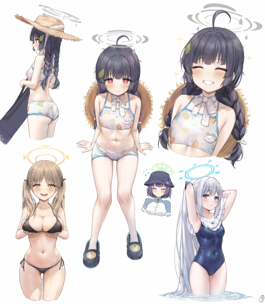 4girls ahoge arms_behind_back arms_up ass bikini black_footwear black_hair black_headwear blue_archive blue_eyes blue_halo blue_one-piece_swimsuit braid breast_lift breasts brown_headwear bucket_hat casual_one-piece_swimsuit cleavage closed_eyes closed_mouth collarbone cropped_legs cropped_torso drooling envyvanity flying_sweatdrops frilled_one-piece_swimsuit frills from_behind full_body green_halo grey_halo grin hair_over_shoulder halo halterneck hat hat_around_neck highres invisible_chair large_breasts leaf leaf_on_head leaf_print light_brown_hair long_hair looking_at_viewer medium_breasts miyako_(blue_archive) miyako_(swimsuit)_(blue_archive) miyu_(blue_archive) miyu_(swimsuit)_(blue_archive) moe_(blue_archive) moe_(swimsuit)_(blue_archive) mouth_drool multiple_girls navel off-shoulder_one-piece_swimsuit off_shoulder official_alternate_costume one-piece_swimsuit open_mouth parted_lips print_bikini purple_hair rabbit_platoon_(blue_archive) red_eyes saki_(blue_archive) saki_(swimsuit)_(blue_archive) short_hair side-tie_bikini_bottom simple_background sitting small_breasts smile straw_hat swimsuit twin_braids twintails very_long_hair white_background white_bikini white_hair yellow_eyes yellow_halo