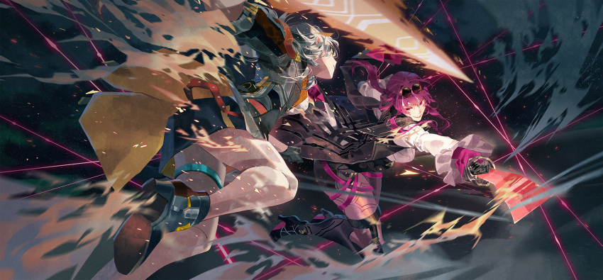 2girls attack black_footwear black_jacket black_skirt boots breasts chest_harness closed_mouth cloud collared_shirt dust english_commentary eyewear_on_head felicia_chen fighting floating_hair full_body gloves grey_hair hair_between_eyes harness high-waist_skirt highres holding holding_sword holding_weapon honkai:_star_rail honkai_(series) jacket jumping kafka_(honkai:_star_rail) katana large_breasts long_hair long_sleeves looking_at_another medium_hair multiple_girls night night_sky outdoors pantyhose purple_eyes purple_gloves purple_hair purple_pantyhose round_eyewear serious shirt sidelocks single_thigh_boot skirt sky smile stelle_(honkai:_star_rail) sunglasses sword thigh_boots trailblazer_(honkai:_star_rail) weapon white_shirt